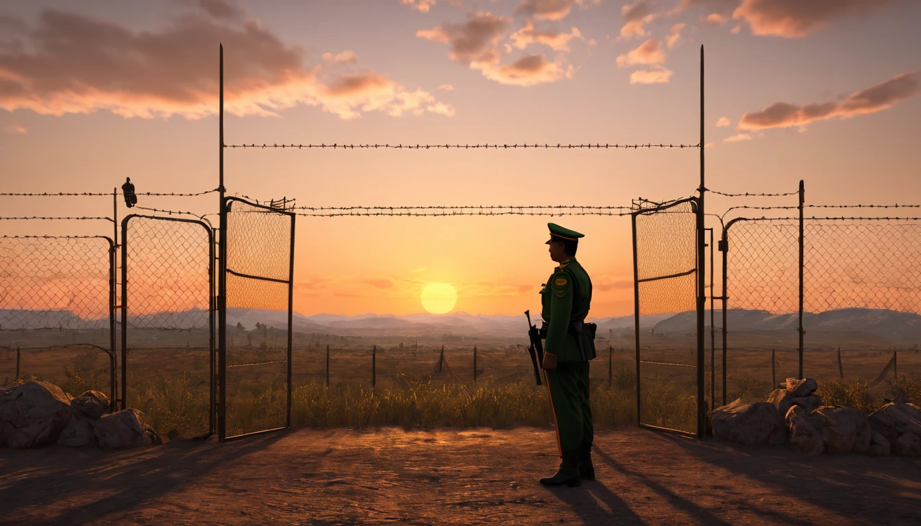Un grănicer stând lângă o poartă deschisă, contemplând apusul, simbolizând protecția și limitele personale.