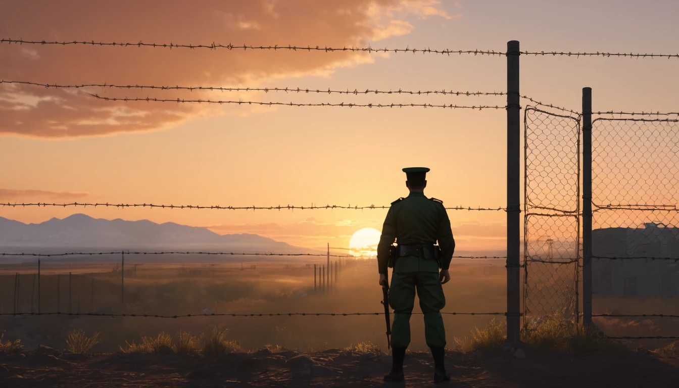 Un grănicer stă în fața unui peisaj la apus, cu un gard de sârmă ghimpată în fundal, simbolizând protecție și limite.