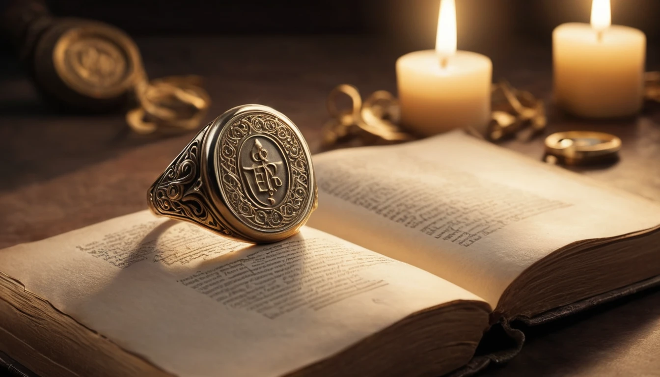 Un inel sigilar elegant, așezat pe o carte deschisă, înconjurat de lumânări, simbolizând puterea și identitatea personală.