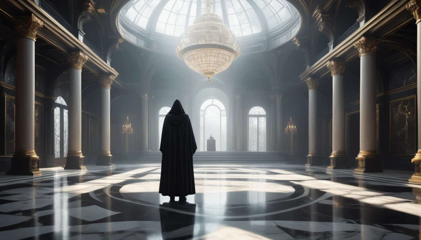 Ce înseamnă un vis despre severitate? 14 O persoană înveșmântată în negru stă într-un palat elegant, cu coloane și un candelabru strălucitor.
