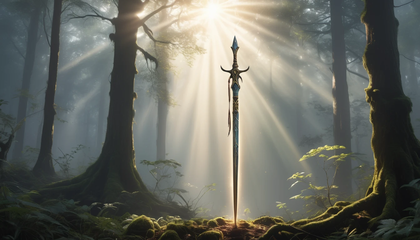 O suliță strălucitoare, înfiptă în pământ, în mijlocul unei păduri misterioase, cu raze de soare filtrate prin copaci.