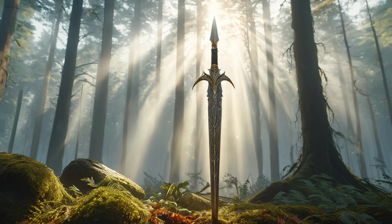 O suliță elegantă, înfiptă în pământul acoperit de mușchi, în pădurea luminoasă.