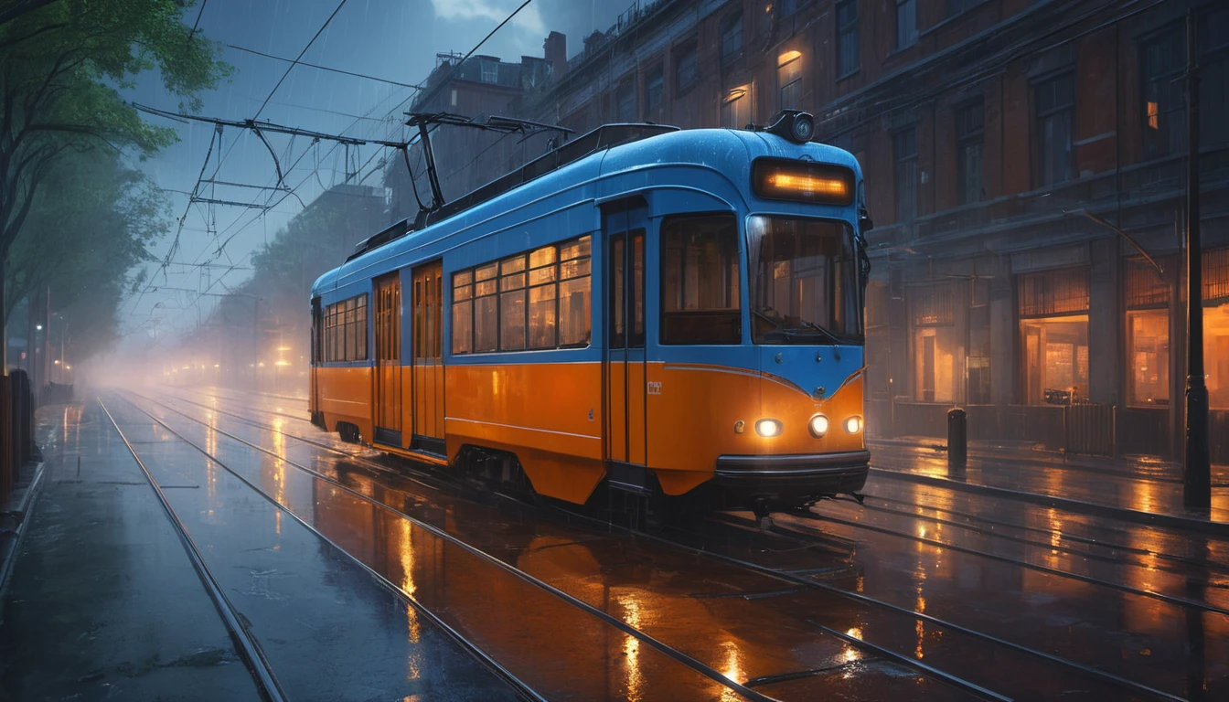 Ce înseamnă un vis despre un tramvai? 12 Un tramvai colorat, parcat pe o stradă umedă, în lumina difuză a unui oraș plin de mister.