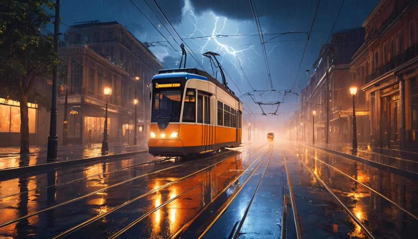 Ce înseamnă un vis despre un tramvai? 13 Un tramvai modern circulă pe o stradă umedă, sub un cer întunecat cu fulgere.