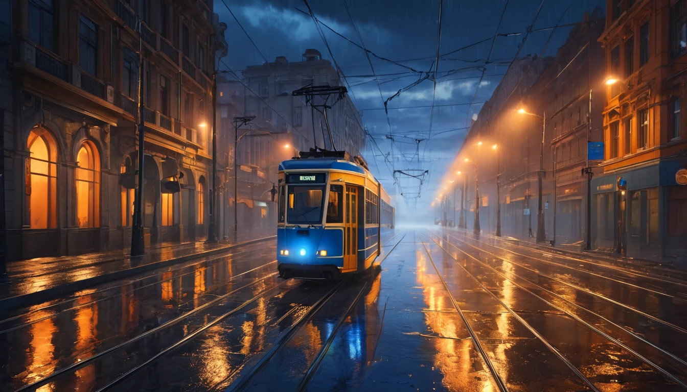 Ce înseamnă un vis despre un tramvai? 14 Un tramvai albastru circulă pe o stradă umedă, iluminată de felinare, în timpul unei nopți ploioase.