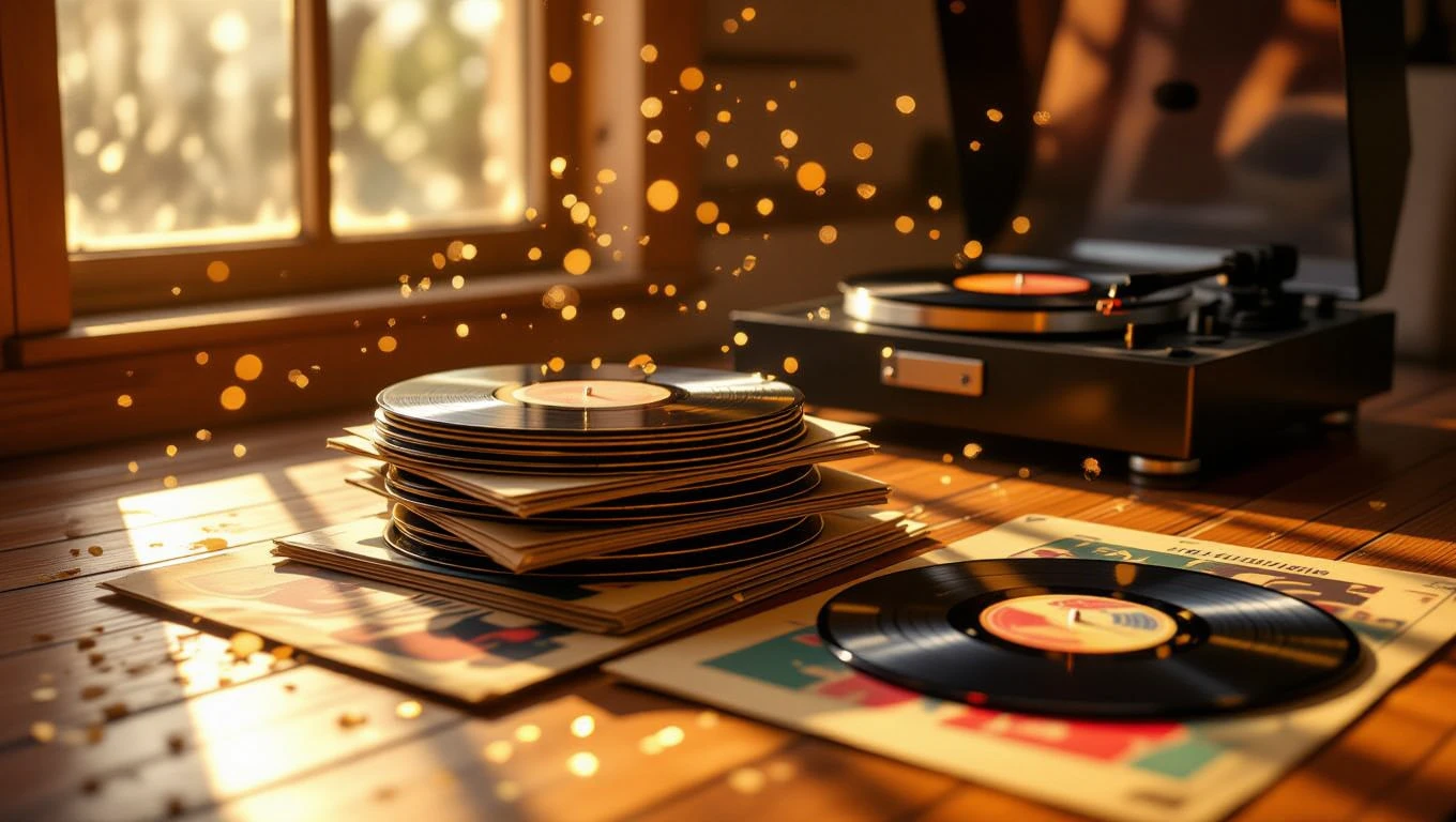 Un disc de vinil și o gramofonă, cu raze de soare care pătrund prin fereastră, evocând nostalgie și amintiri.