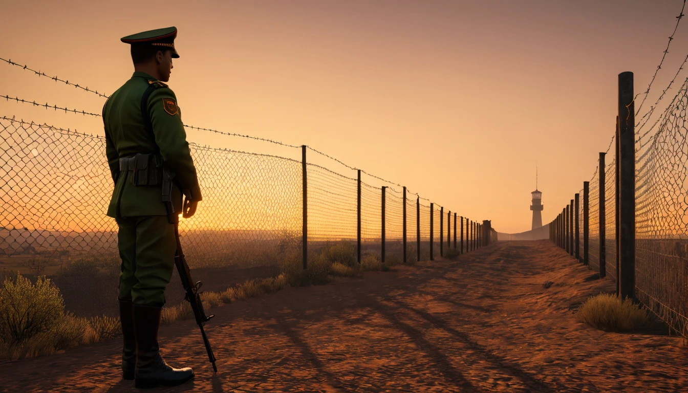 Un grănicer stă pe un drum de pământ, observând un peisaj la apus, cu un gard de sârmă ghimpată în fundal.
