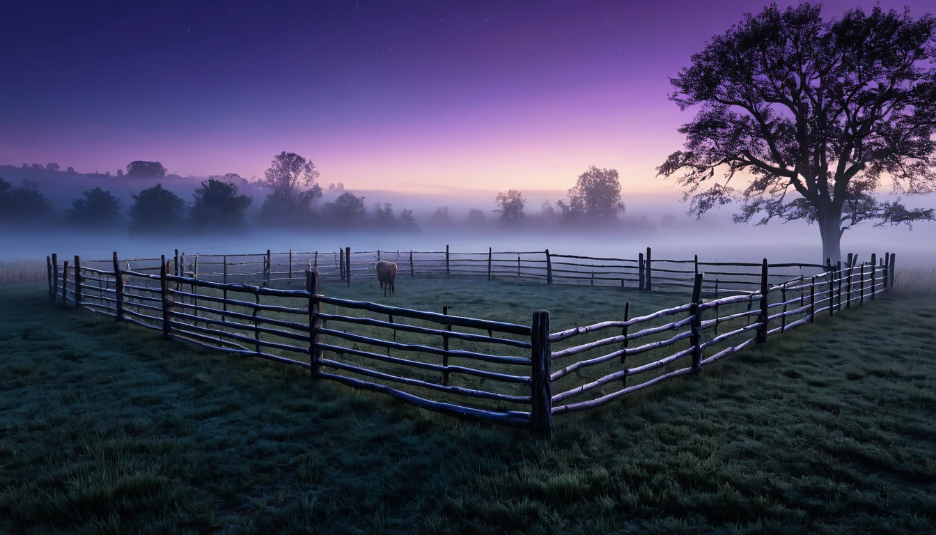 Ce înseamnă un vis despre un țarc? 13 Un țarc rustic, înconjurat de copaci, cu o vacă în interior, sub un cer violet la apus.
