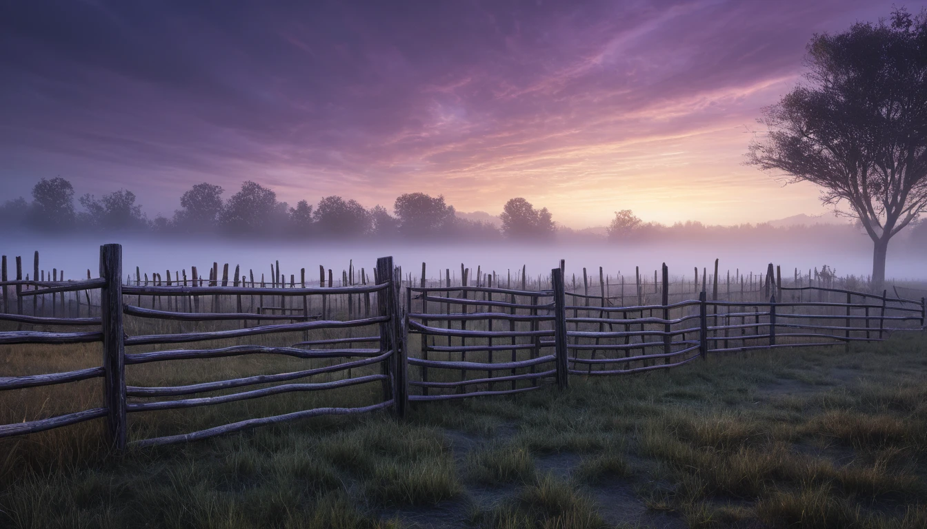 Ce înseamnă un vis despre un țarc? 12 Un țarc din lemn, înconjurat de iarbă verde, sub un cer purpuriu la apus, simbolizând protecție și limite în vis.