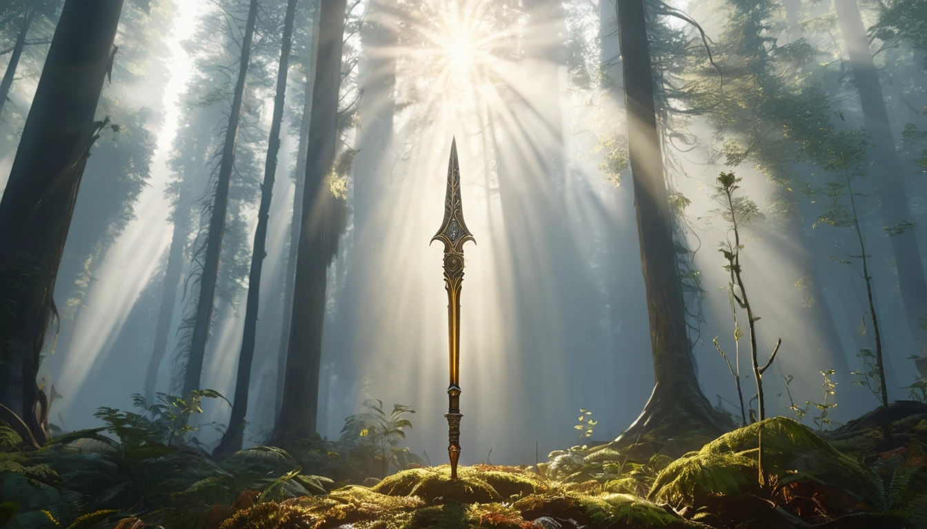 O suliță elegantă, strălucind în lumina soarelui, înconjurată de copaci în pădure.