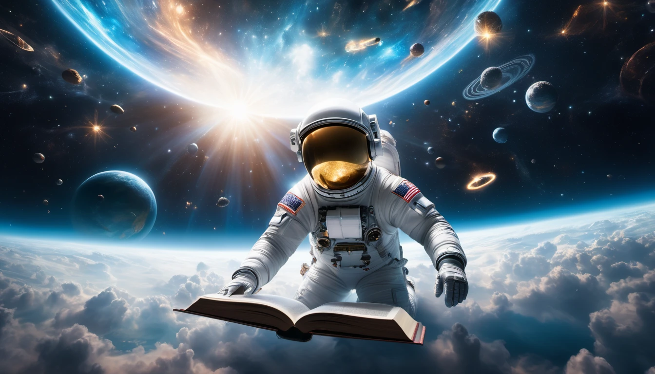 Un astronaut în spațiu, citind o carte, înconjurat de planete și stele strălucitoare.