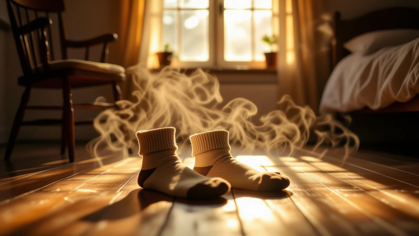 Două șosete albe cu detalii maro stau pe podea, emanând aburi, într-o cameră luminoasă și confortabilă.