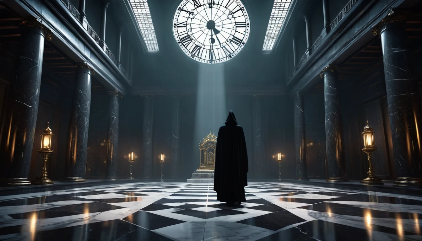 Ce înseamnă un vis despre severitate? 12 O persoană înveșmântată în negru stă în fața unui tron într-o sală grandioasă, iluminată de razele soarelui ce pătrund printr-o fereastră mare.