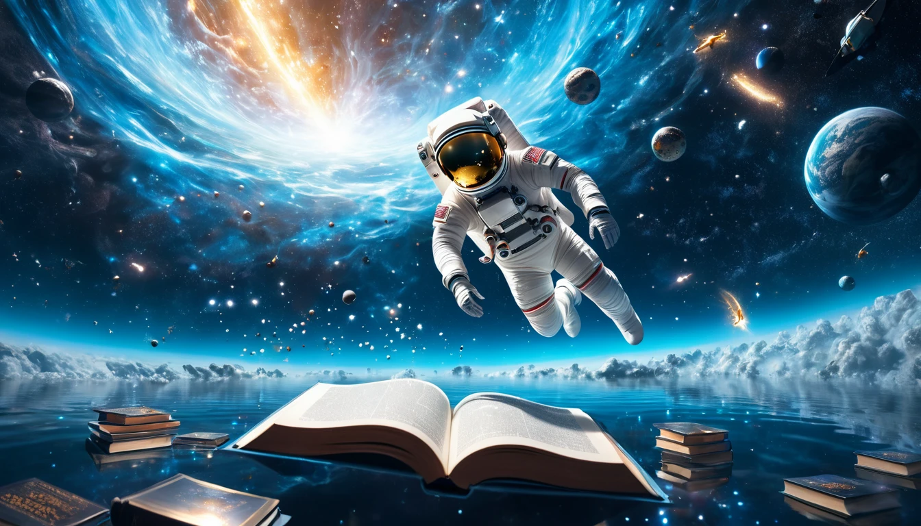 Un astronaut plutind în spațiu, înconjurat de cărți și galaxii, simbolizând explorarea și transformarea interioară.