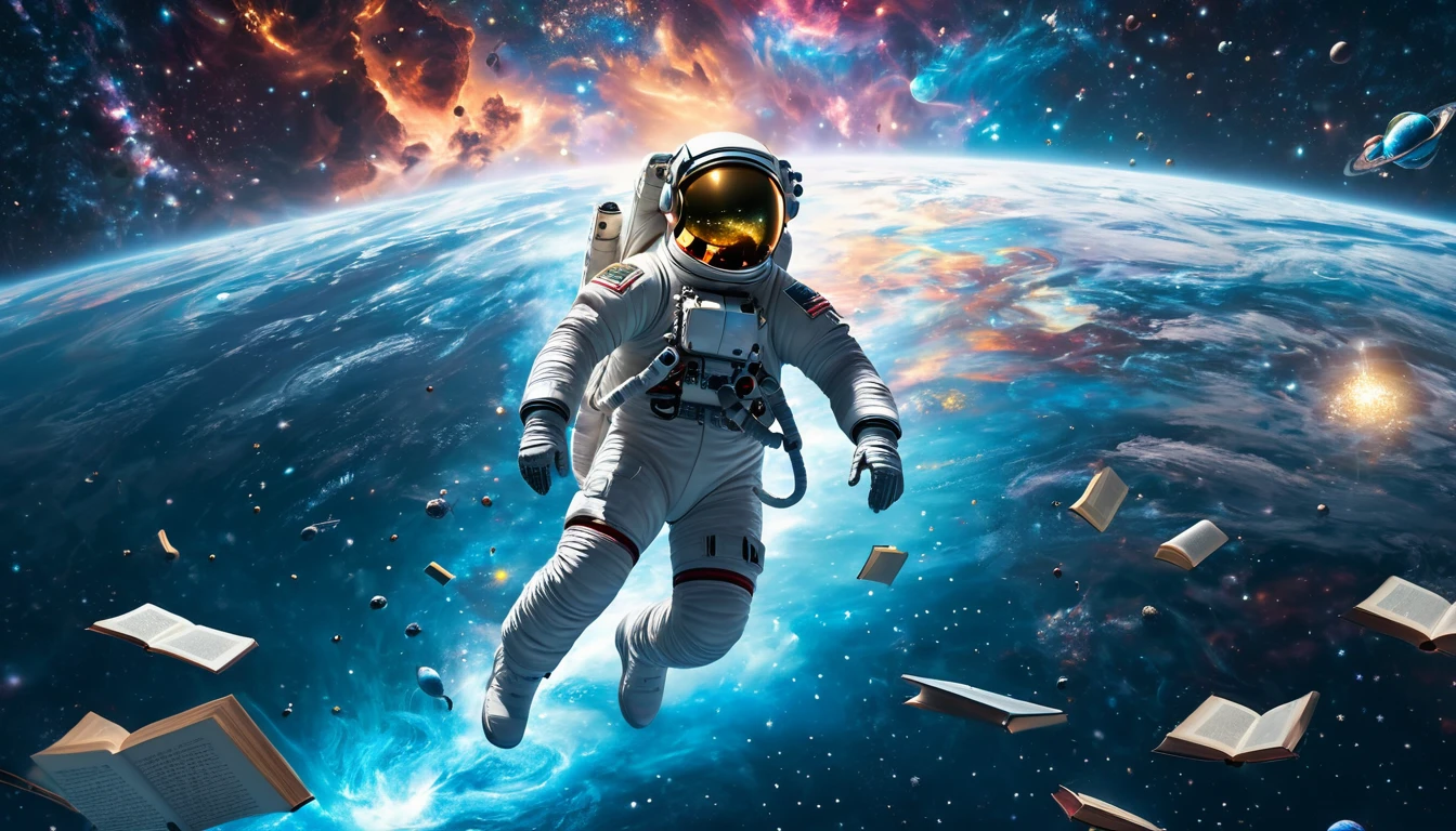 Un astronaut plutește în spațiu, înconjurat de cărți și stele, simbolizând explorarea și cunoașterea.
