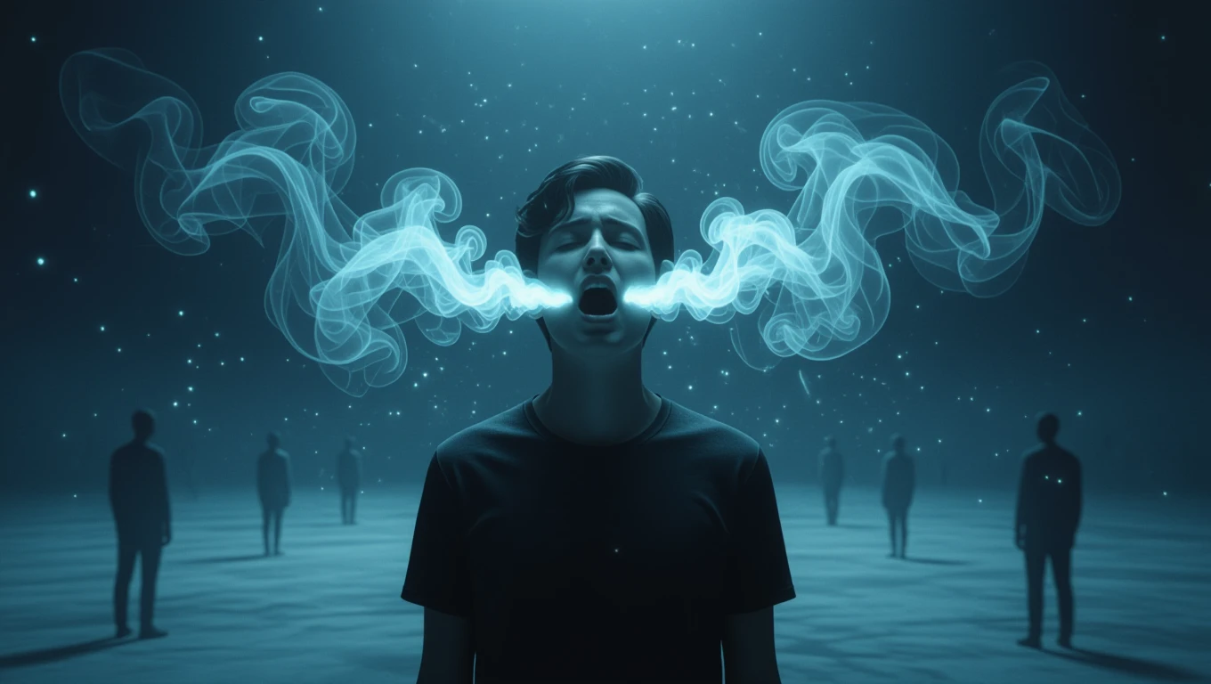Ce înseamnă un vis despre vulnerabilitate? 12 Un tânăr strigând în întuneric, emanând fum alb, simbolizând vulnerabilitatea și dorința de exprimare.