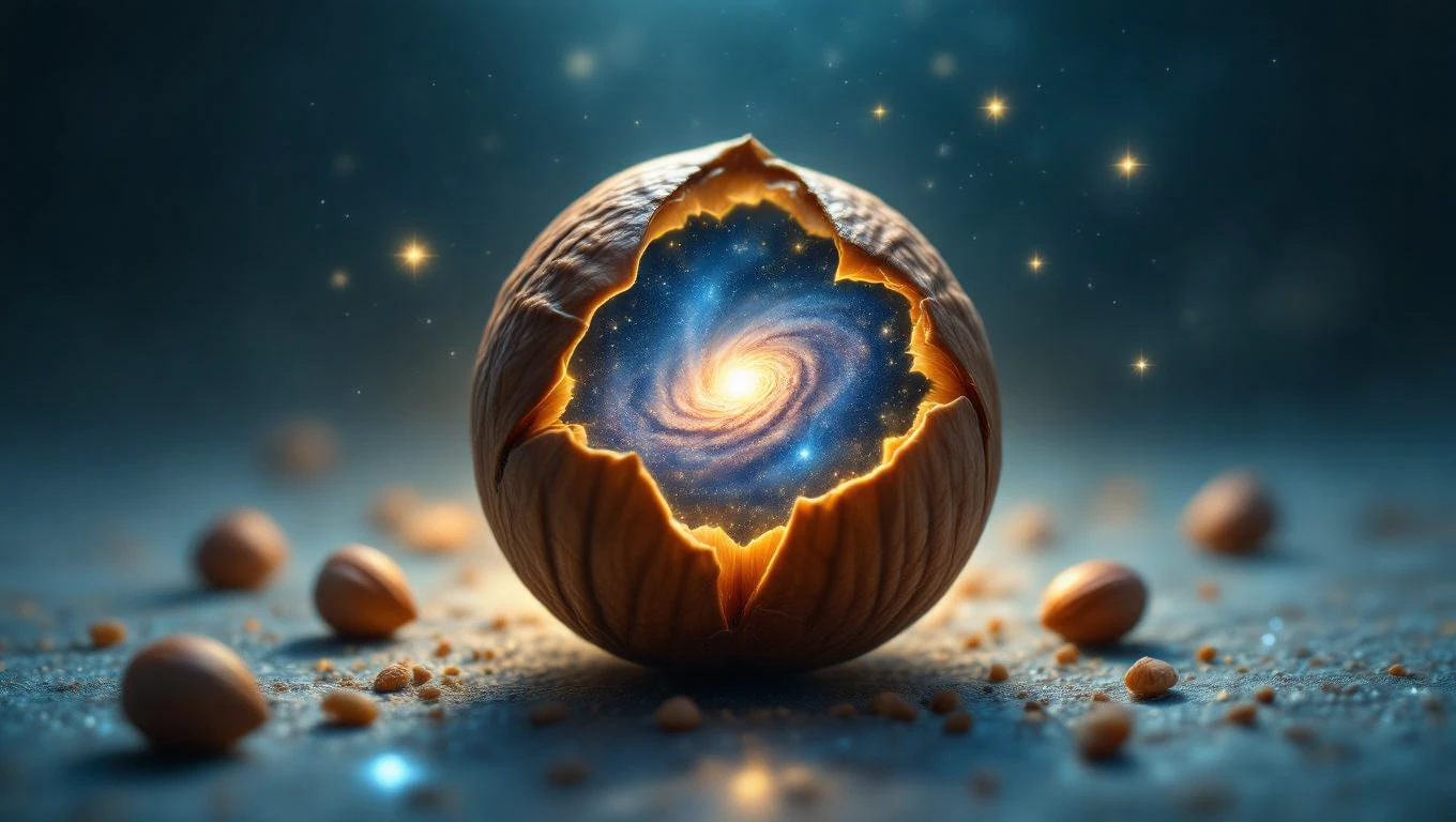 O alună spartă, din care se vede un univers plin de stele și galaxii, simbolizând descoperirea și bucuria.