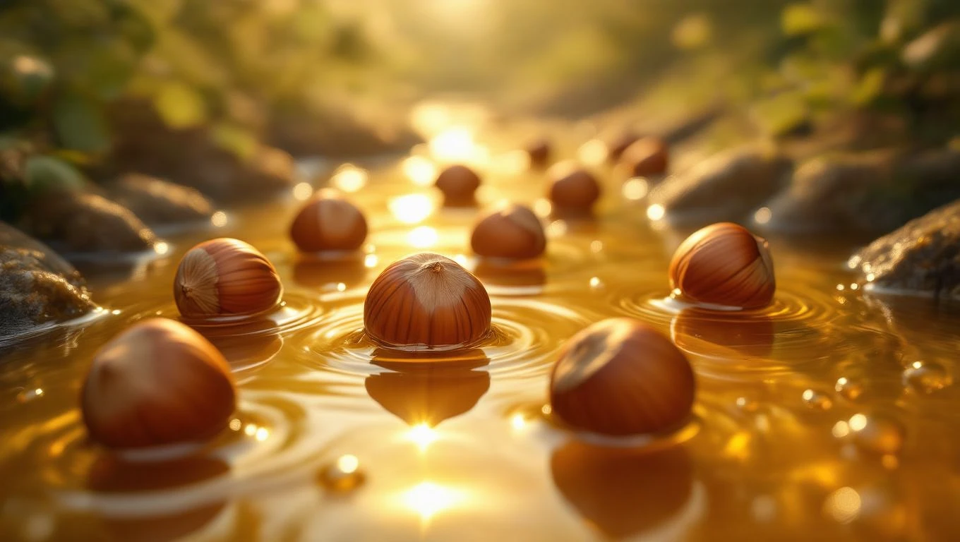 Alunele plutesc pe o apă liniștită, reflectând razele soarelui, simbolizând bucuria și descoperirea.