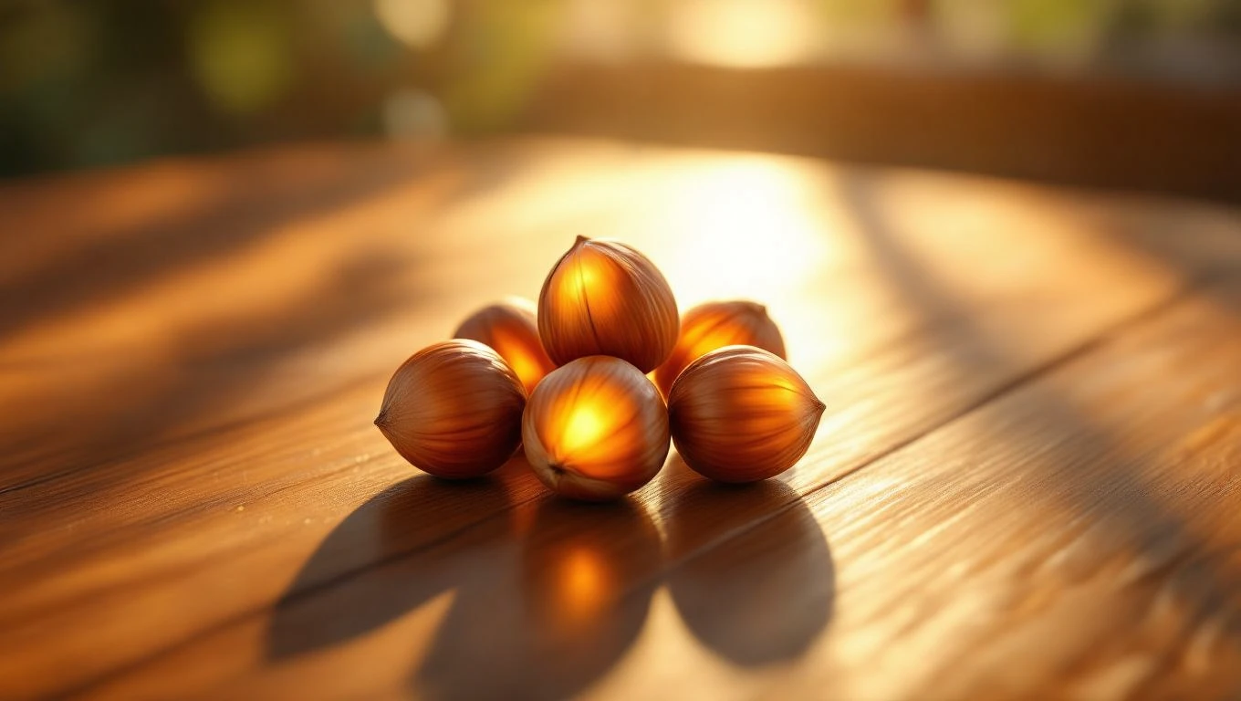 Un grup de alune strălucitoare așezate pe o masă din lemn, reflectând lumina caldă a soarelui.