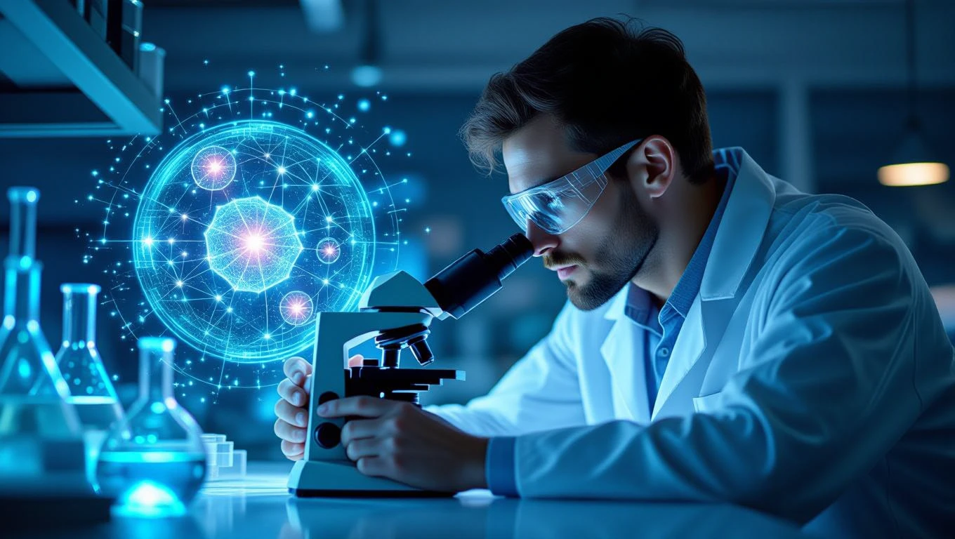 Un bărbat în halat de laborator, examinând un microscop, simbolizând analiza detaliilor vieții.