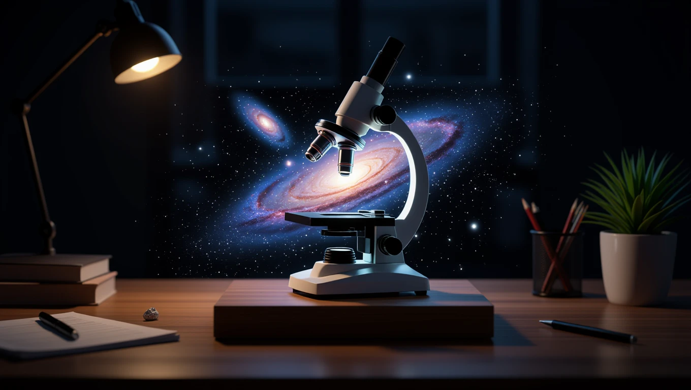 Un microscop pe un birou, iluminat de o lampă, cu o galaxie în fundal, simbolizând analiza detaliilor vieții.