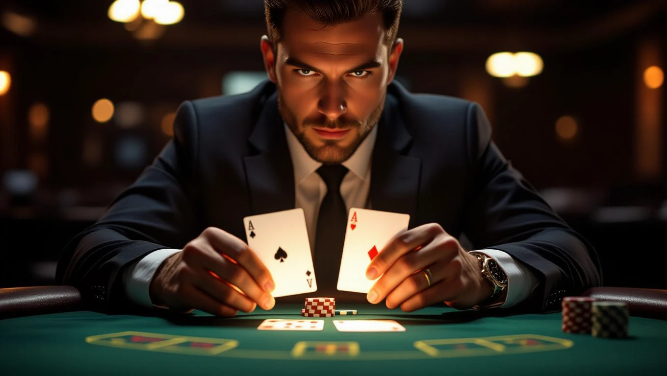 Un bărbat îmbrăcat elegant, concentrat, ținând cărți de joc, simbolizând strategia și avantajul în viață.