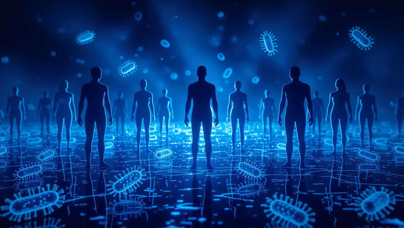 Silhouete umane înconjurate de bacterii, simbolizând curățarea emoțională și protecția.