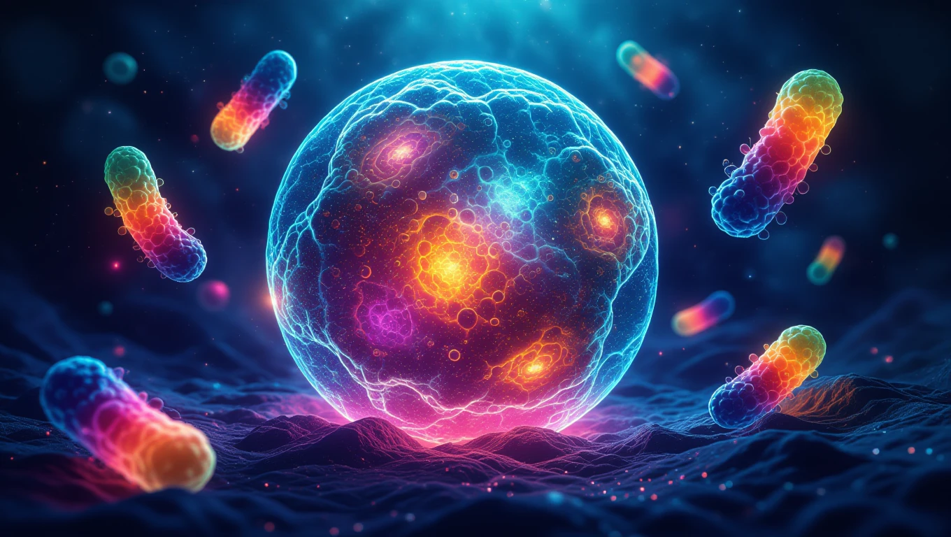 O reprezentare artistică a bacteriilor colorate, plutind în jurul unei celule luminoase, simbolizând schimbarea și curățarea interioară.