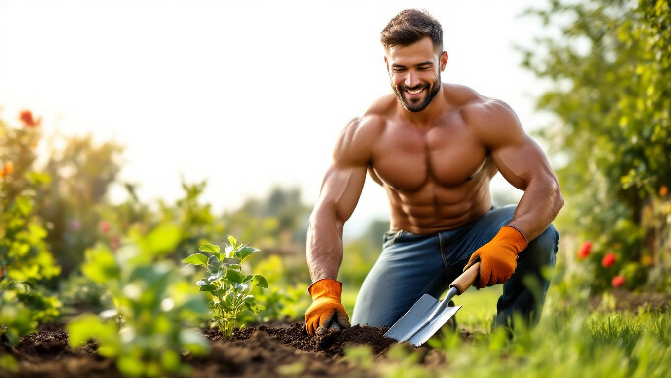 Un bărbat sexy, musculos, îngrijind o grădină, zâmbind în timp ce săpa în pământ.