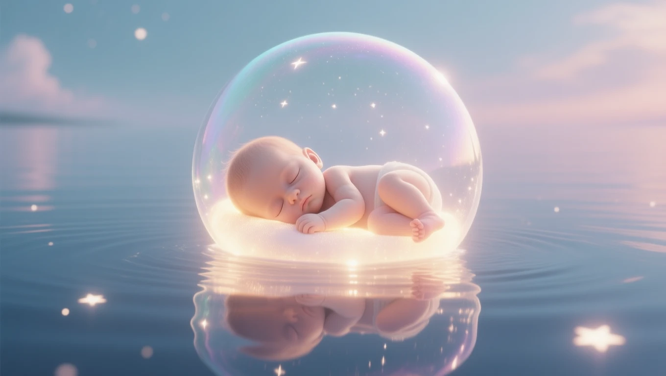 Un bebeluș adorabil, dormit într-o bulă strălucitoare pe apă, simbolizând inocența și noi începuturi.