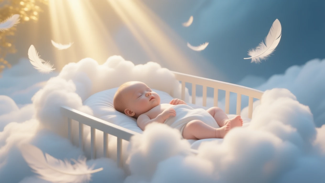 Un bebeluș adorabil, dormit într-un pătuț alb, înconjurat de nori pufoși și pene, simbolizând inocența și noi începuturi.