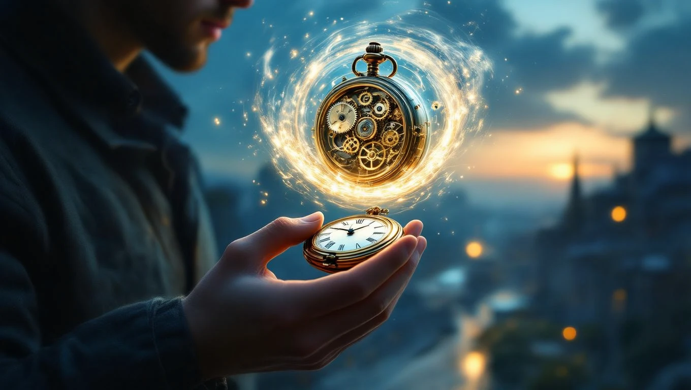 Un bărbat ține un ceas de buzunar strălucitor, simbolizând călătoria în timp și dorința de a explora trecutul sau viitorul.