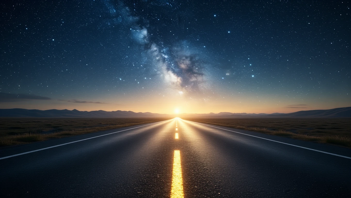 O șosea dreaptă se întinde spre orizont, sub un cer plin de stele și o galaxie strălucitoare.