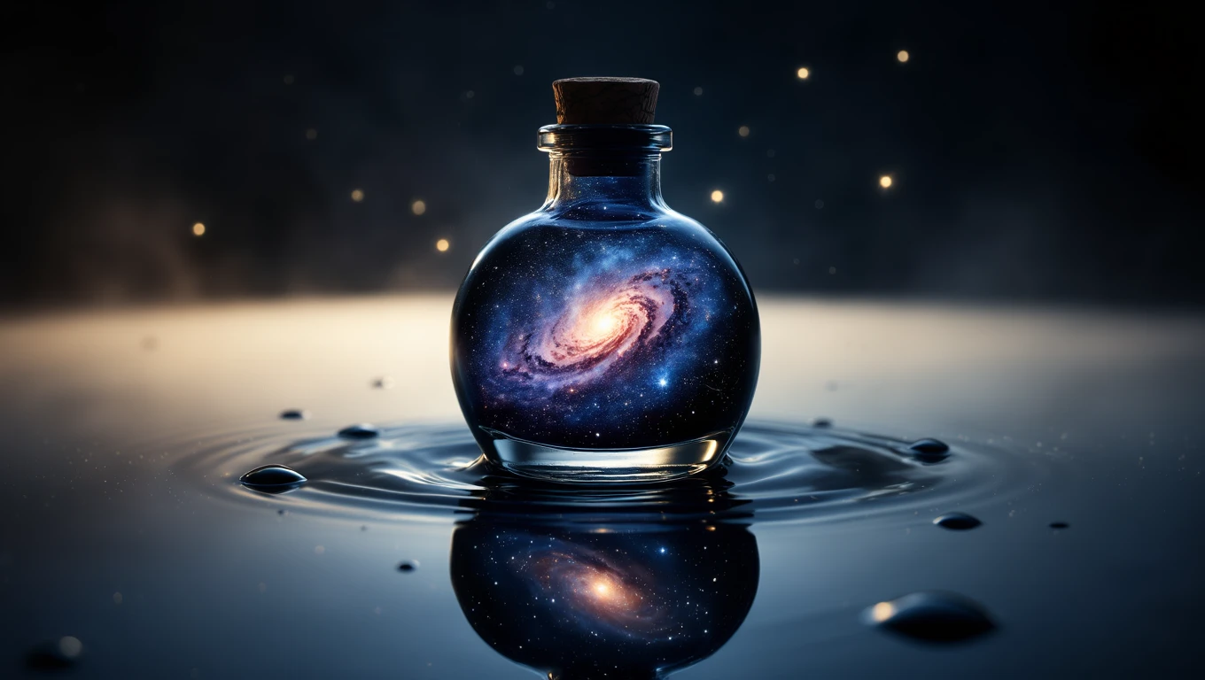 Un călimar transparent cu un univers în miniatură, plutind pe apă, simbolizând creativitatea și gândurile ascunse.