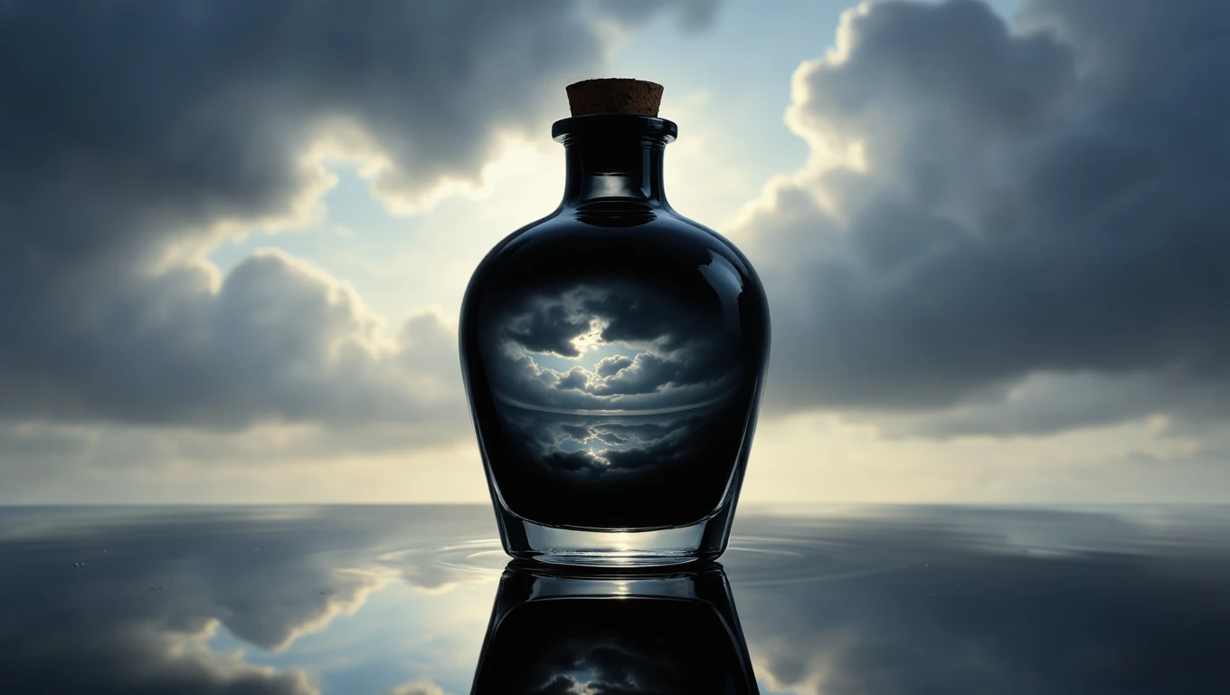 O sticlă de cerneală reflectând nori și lumină, simbolizând creativitatea și exprimarea gândurilor ascunse.