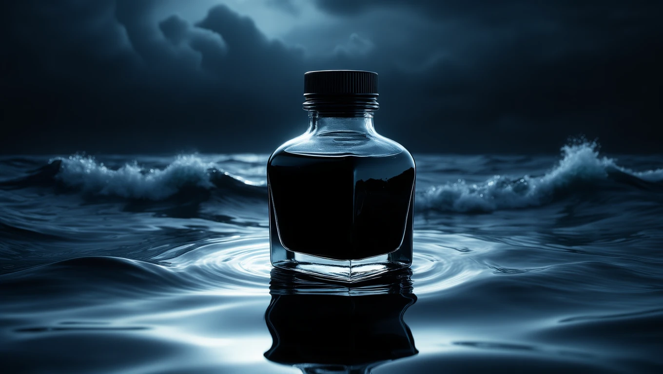 Un călimar negru, plasat pe o apă întunecată, simbolizând creativitatea și exprimarea gândurilor ascunse.