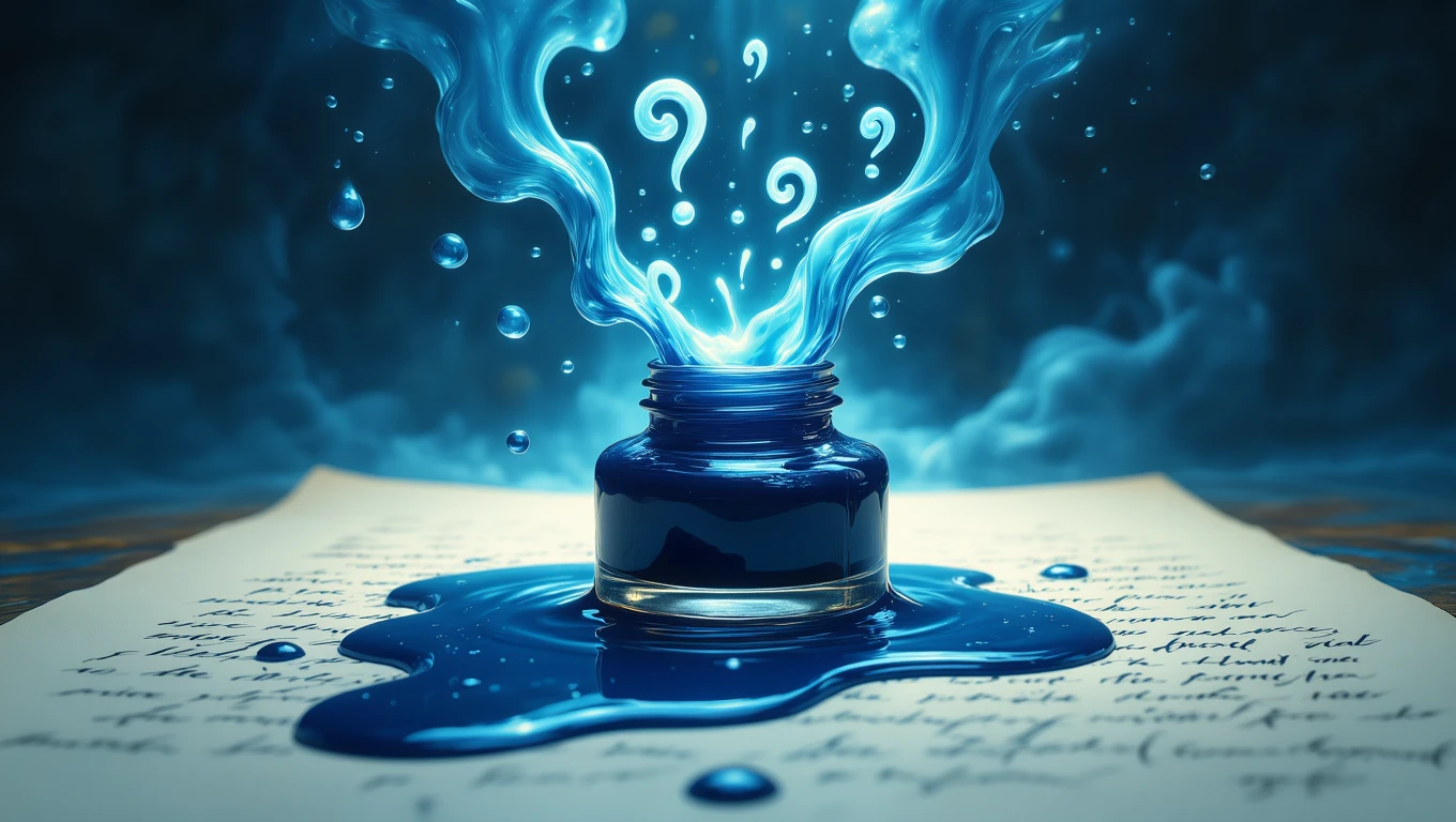 Un călimar cu cerneală albastră, din care ies vapori și picături, simbolizând creativitatea și gândurile ascunse.