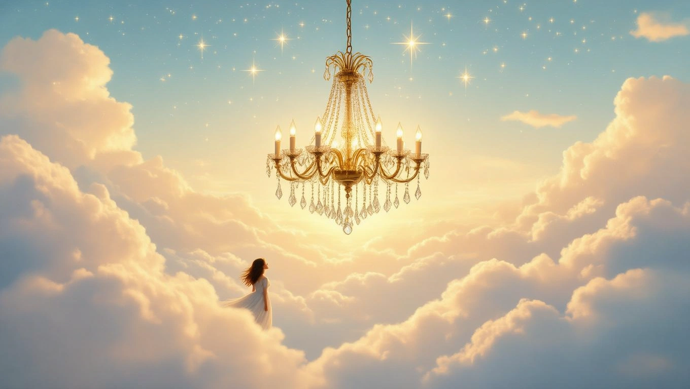 O femeie îmbrăcată în alb stă pe nori, admirând un candelabru strălucitor suspendat în cer.