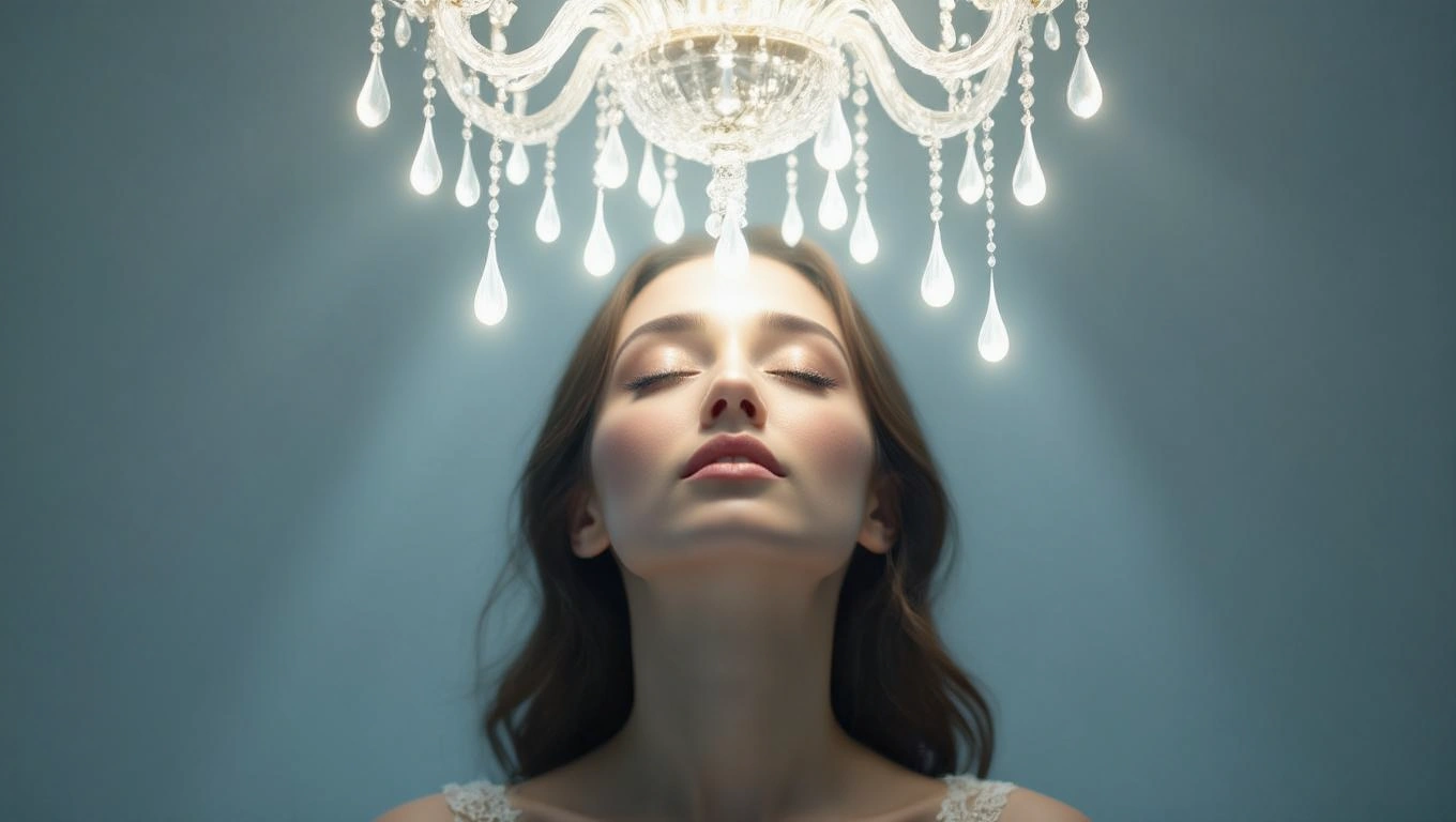 O femeie cu ochii închiși, sub un candelabru strălucitor, simbolizând inspirația și claritatea gândurilor.