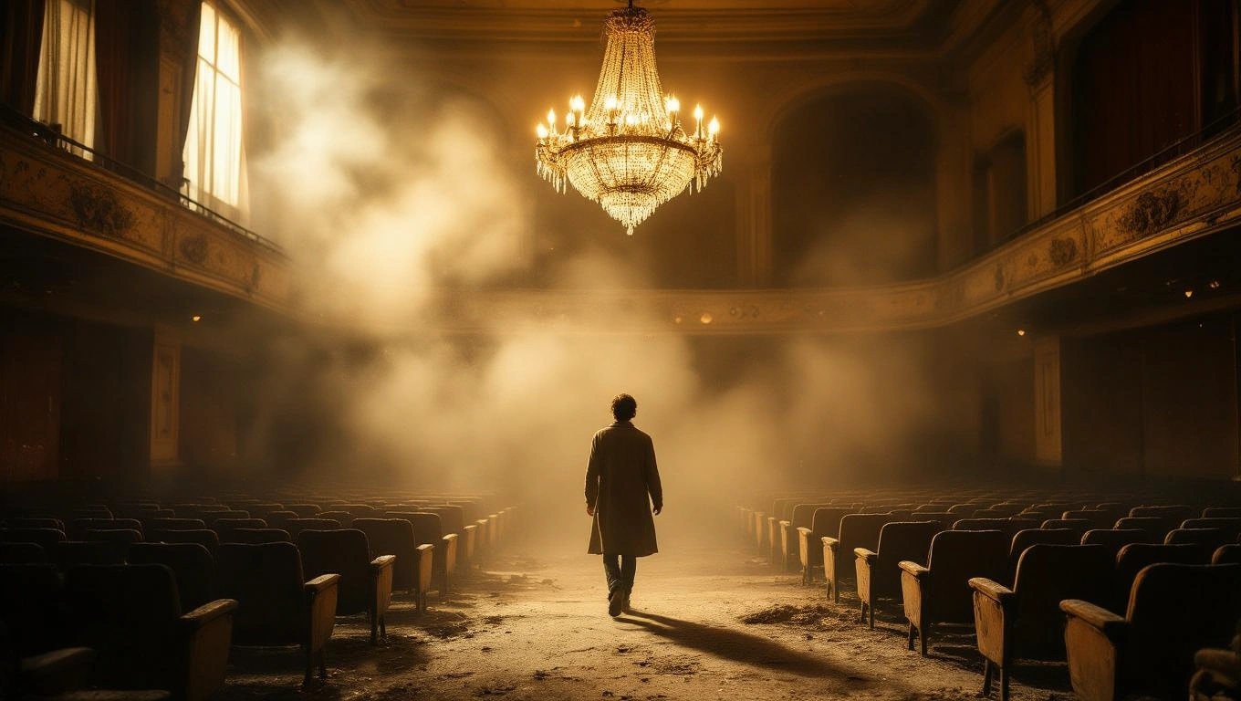 Un candelabru strălucitor suspendat deasupra unei săli de teatru goale, cu un bărbat care se îndreaptă spre el, simbolizând inspirația și revelația.
