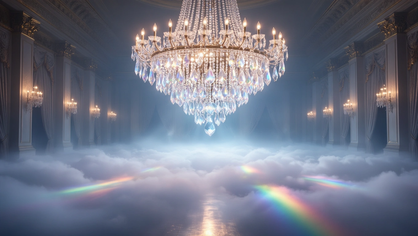 Un candelabru strălucitor suspendat deasupra unui peisaj de nori, simbolizând inspirația și claritatea gândurilor.