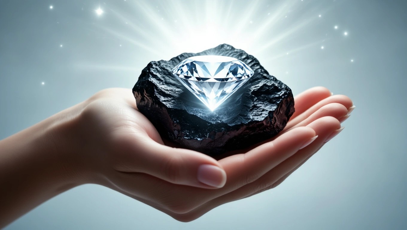 O mână ține un cărbune negru, cu un diamant strălucitor deasupra, simbolizând potențialul ascuns.