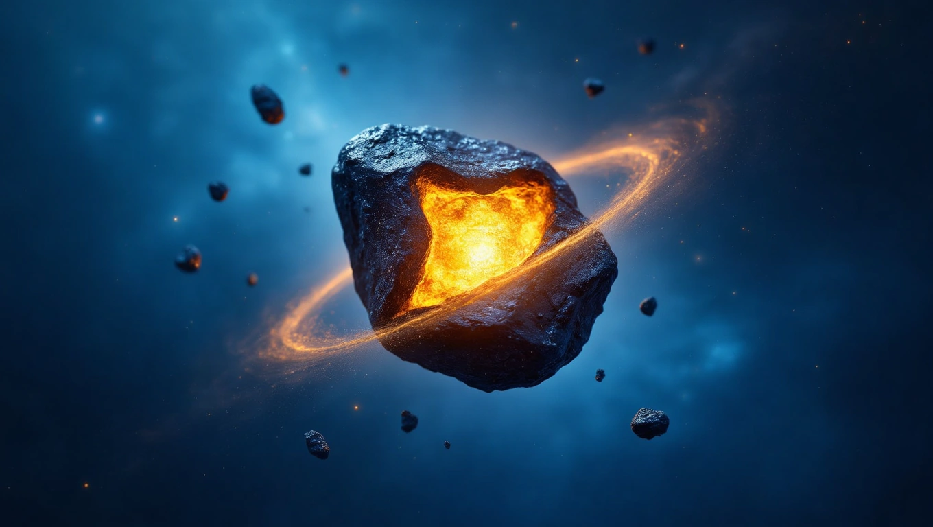 O piatră de cărbune strălucitoare, cu un nucleu incandescent, plutind în spațiu, simbolizând potențialul ascuns.