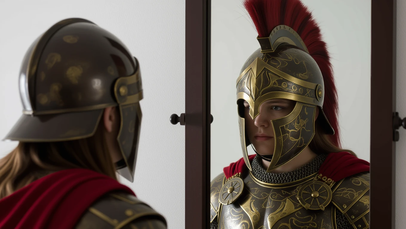 O tânără îmbrăcată într-o armură strălucitoare, privind în oglindă cu o cască decorată.