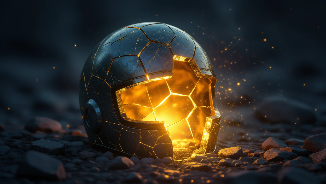 O cască strălucitoare, cu crăpături, emanând o lumină caldă, simbolizând protecția și puterea interioară.