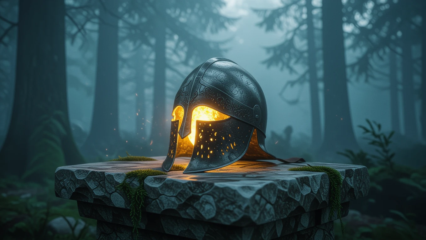 O cască strălucitoare, așezată pe o piatră în pădure, simbolizând protecția și curajul în vis.