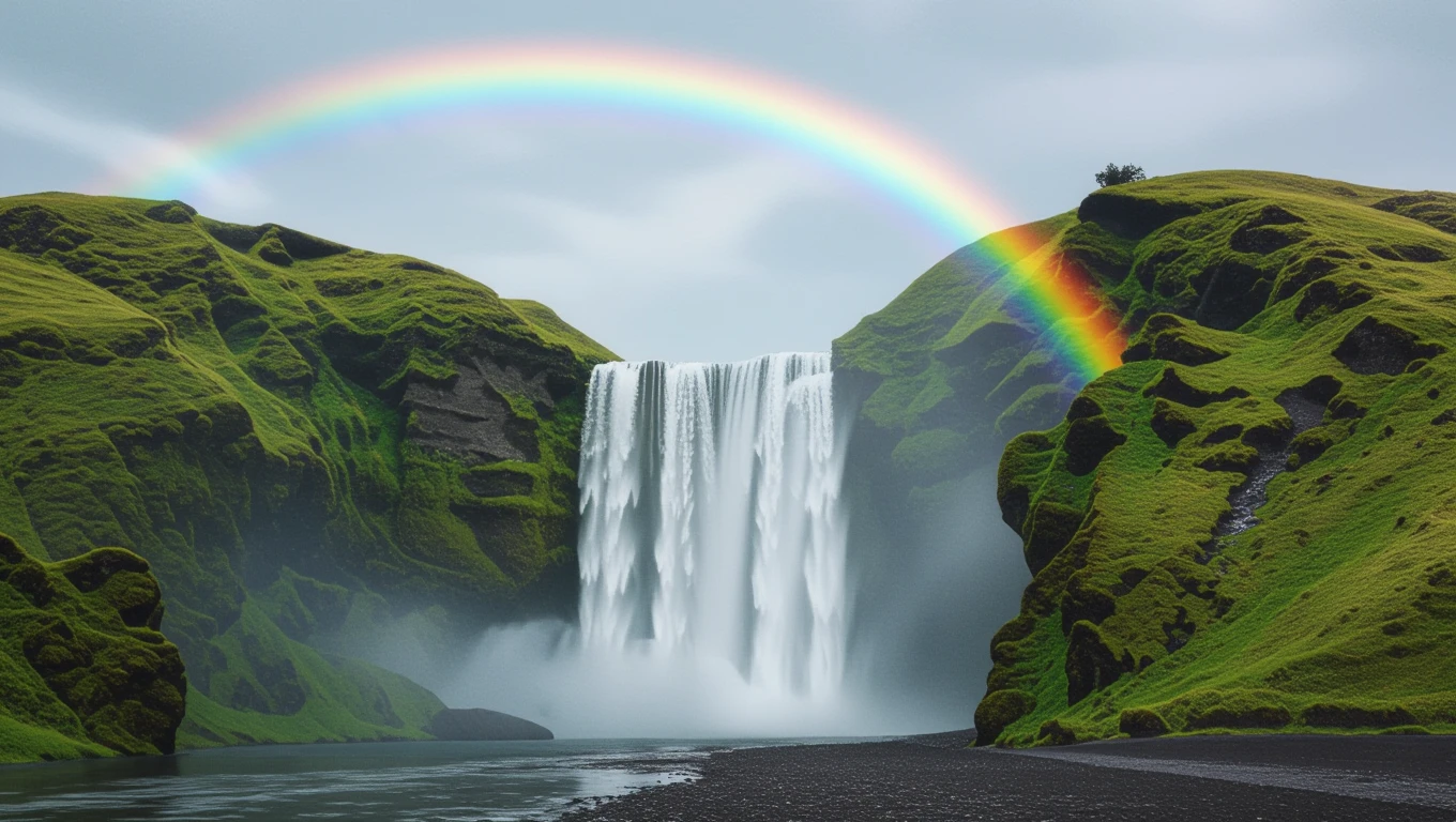 O cascadă impresionantă curge de pe stânci verzi, înconjurată de o atmosferă de liniște, cu un curcubeu strălucitor deasupra.