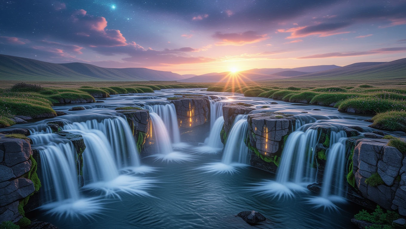 O cascadă impresionantă curge peste stânci, înconjurată de vegetație verde, sub un cer plin de nori și raze de soare.