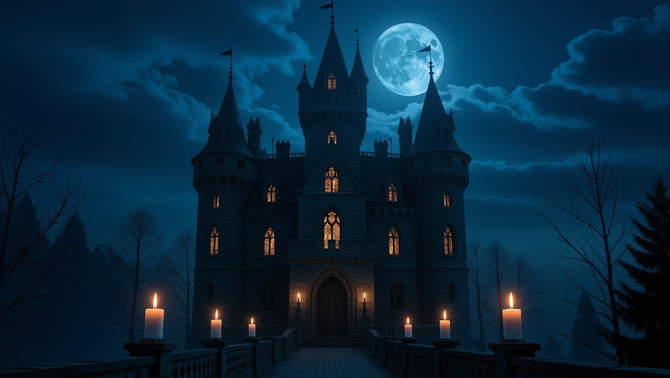 Un castel întunecat, cu turnuri și feronerie, iluminat de lumânări, sub o lună plină strălucitoare.