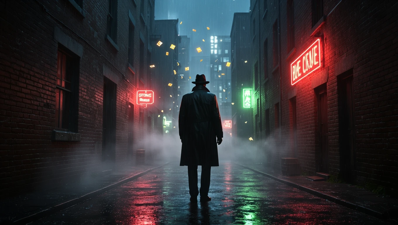 Un detectiv misterios într-o alley întunecată, cu lumini neon strălucitoare și ceață, simbolizând căutarea adevărului în vise.